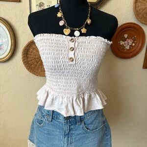 We The Free Light Pink Smocked Strapless Peplum Crop Top